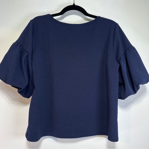 Green Envelope | Navy Puff-Sleeve Blouse – Structured Knit Top | Size L - Picture 2 of 8